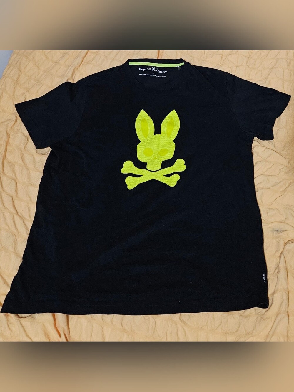 Psycho Bunny Black Tee with Neon Yellow Skull Bunny Graphic